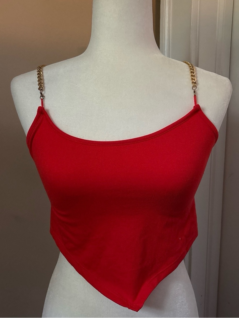 Gold-Chain Strap Red Handkerchief Hem Crop Top